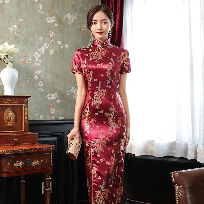 Elegant New Brocade Satin Long Fork Cheongsam Chinese Classic Dress