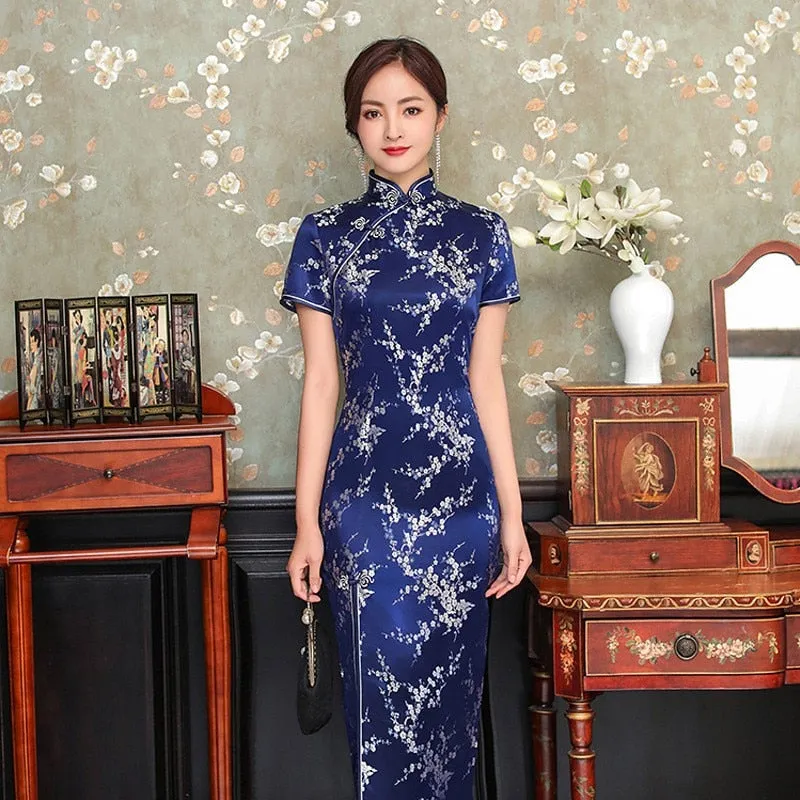 Elegant New Brocade Satin Long Fork Cheongsam Chinese Classic Dress