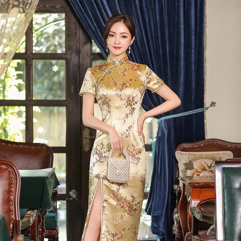 Elegant New Brocade Satin Long Fork Cheongsam Chinese Classic Dress