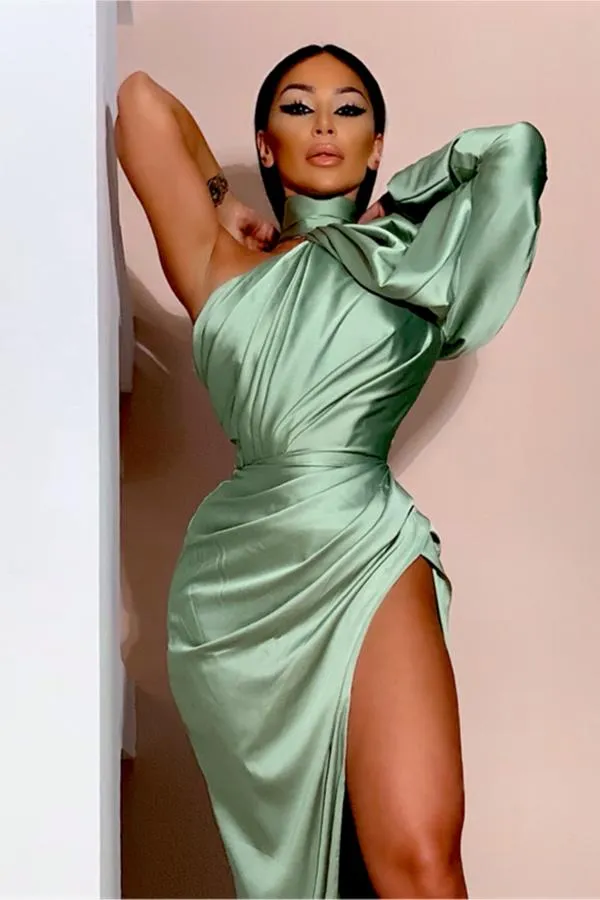 Elegant Puffy Long Sleeves Prom Dress High Neck Party Dress With Split