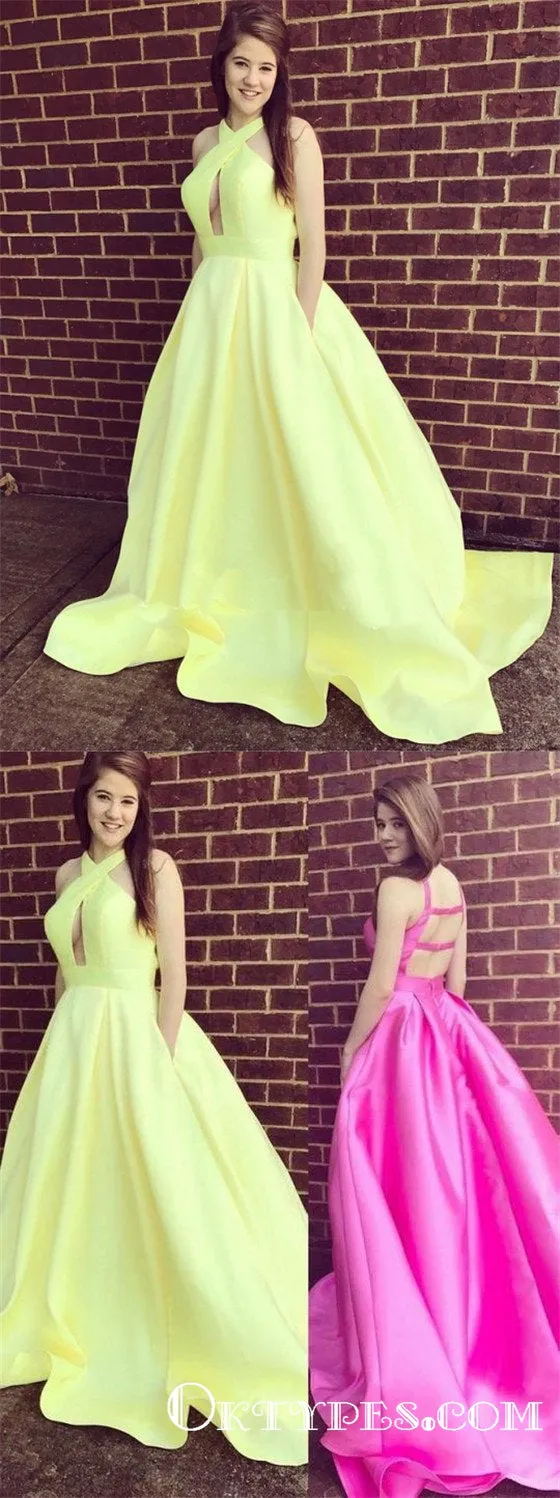 Elegant Yellow Halter Long Cheap Satin Prom Dresses, TYP1797