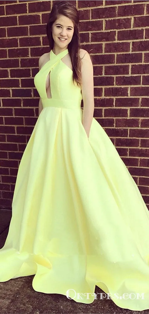 Elegant Yellow Halter Long Cheap Satin Prom Dresses, TYP1797
