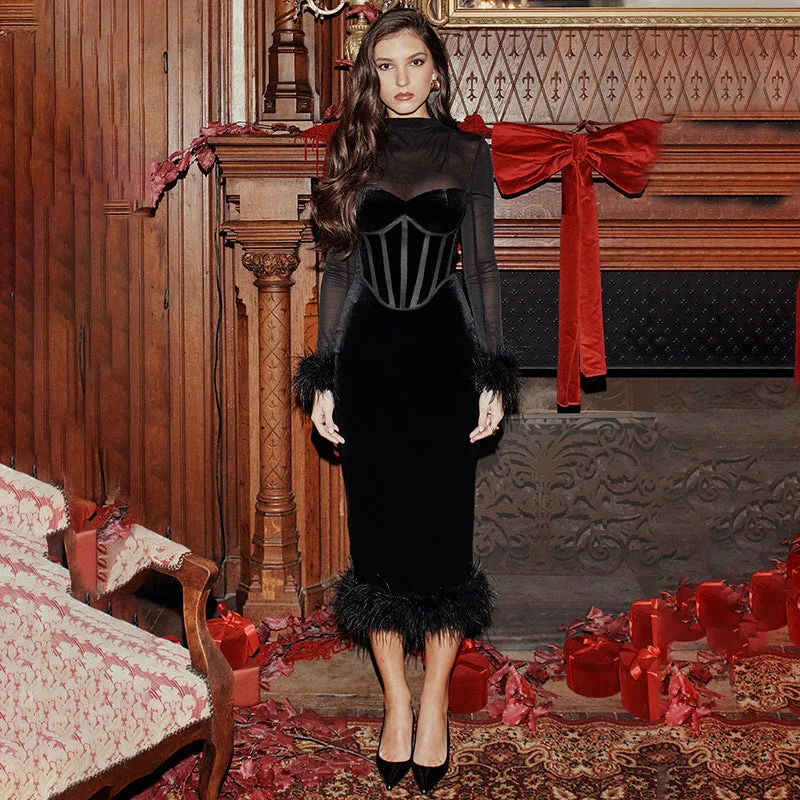 Elegantly Textured Mesh Patchwork Long Sleeve Sophisticated Bodycon Dress