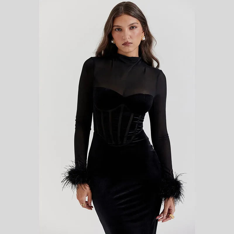 Elegantly Textured Mesh Patchwork Long Sleeve Sophisticated Bodycon Dress