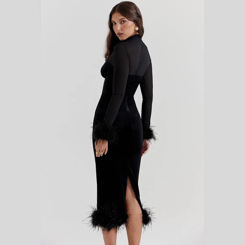 Elegantly Textured Mesh Patchwork Long Sleeve Sophisticated Bodycon Dress