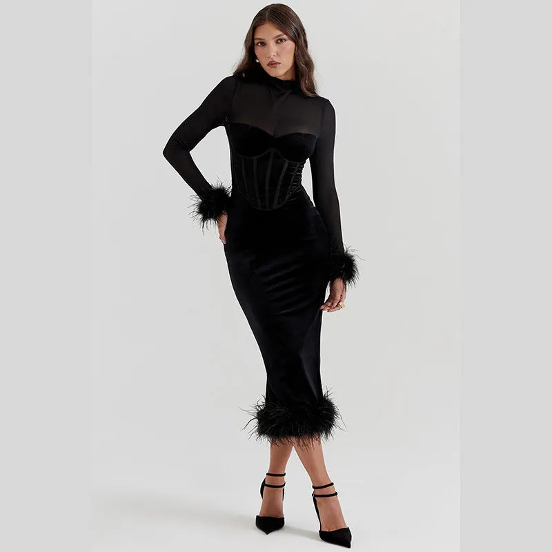 Elegantly Textured Mesh Patchwork Long Sleeve Sophisticated Bodycon Dress