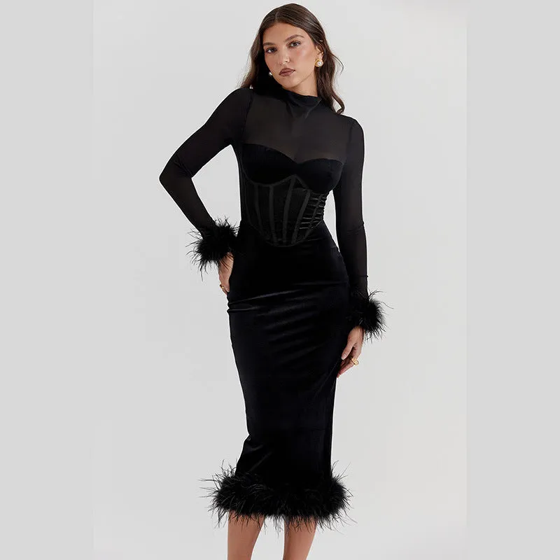Elegantly Textured Mesh Patchwork Long Sleeve Sophisticated Bodycon Dress