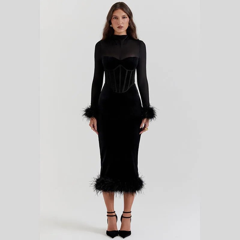 Elegantly Textured Mesh Patchwork Long Sleeve Sophisticated Bodycon Dress