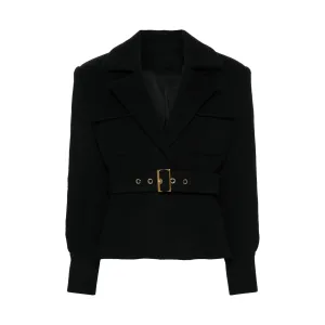 Elowen Notched-Lapel Gold Buckle Belted Jacket