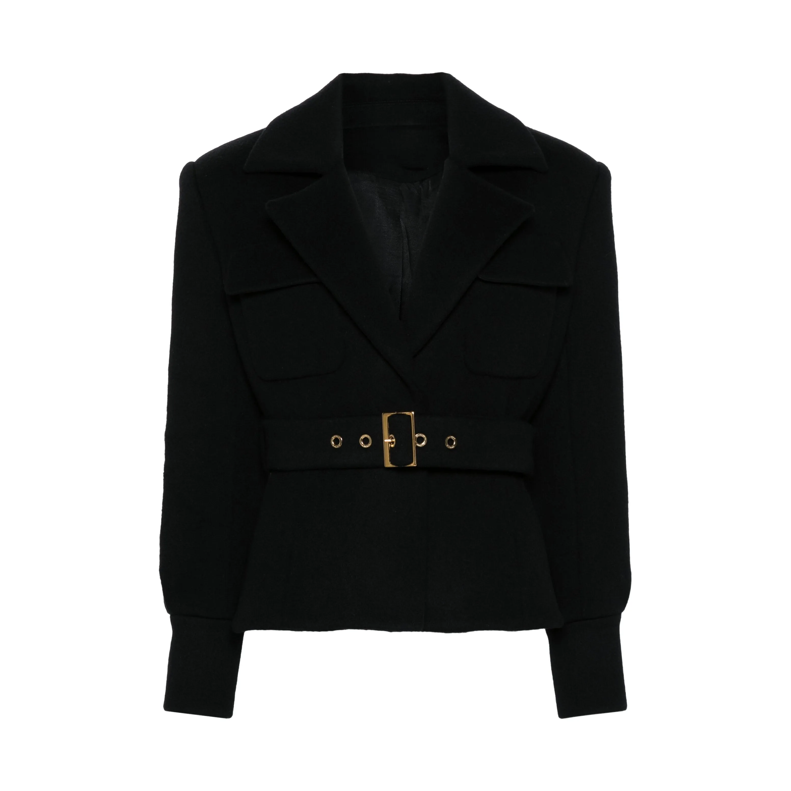 Elowen Notched-Lapel Gold Buckle Belted Jacket