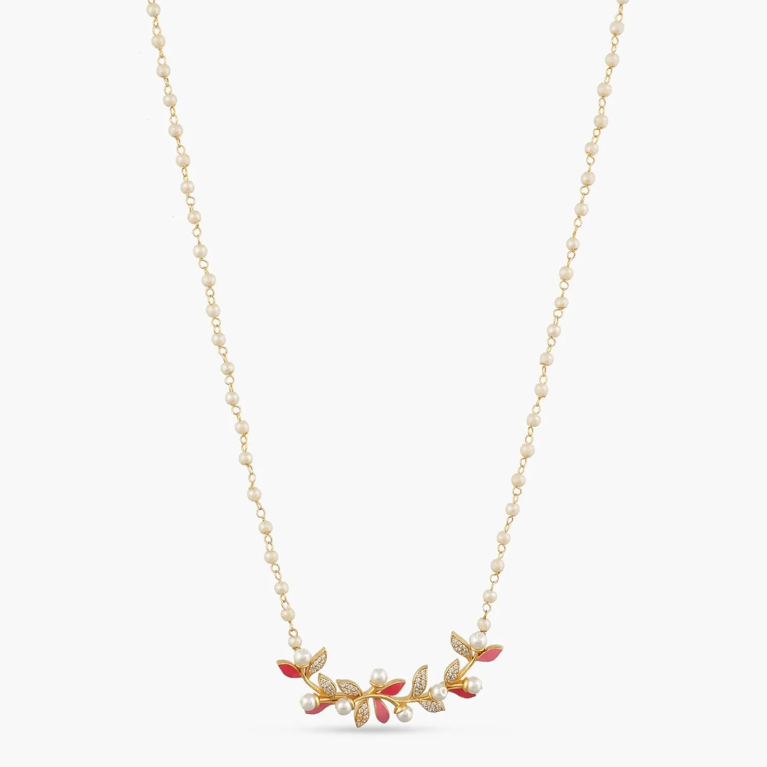 Eriha Pearl Elegant CZ Pink Leaf Necklace