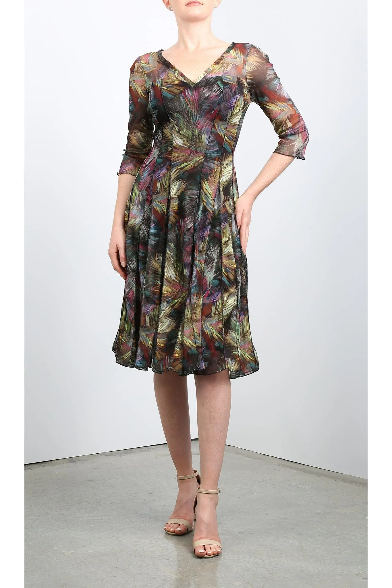 FEDORA Fit and Flare 3/4 Sleeves Paneled Print Dress