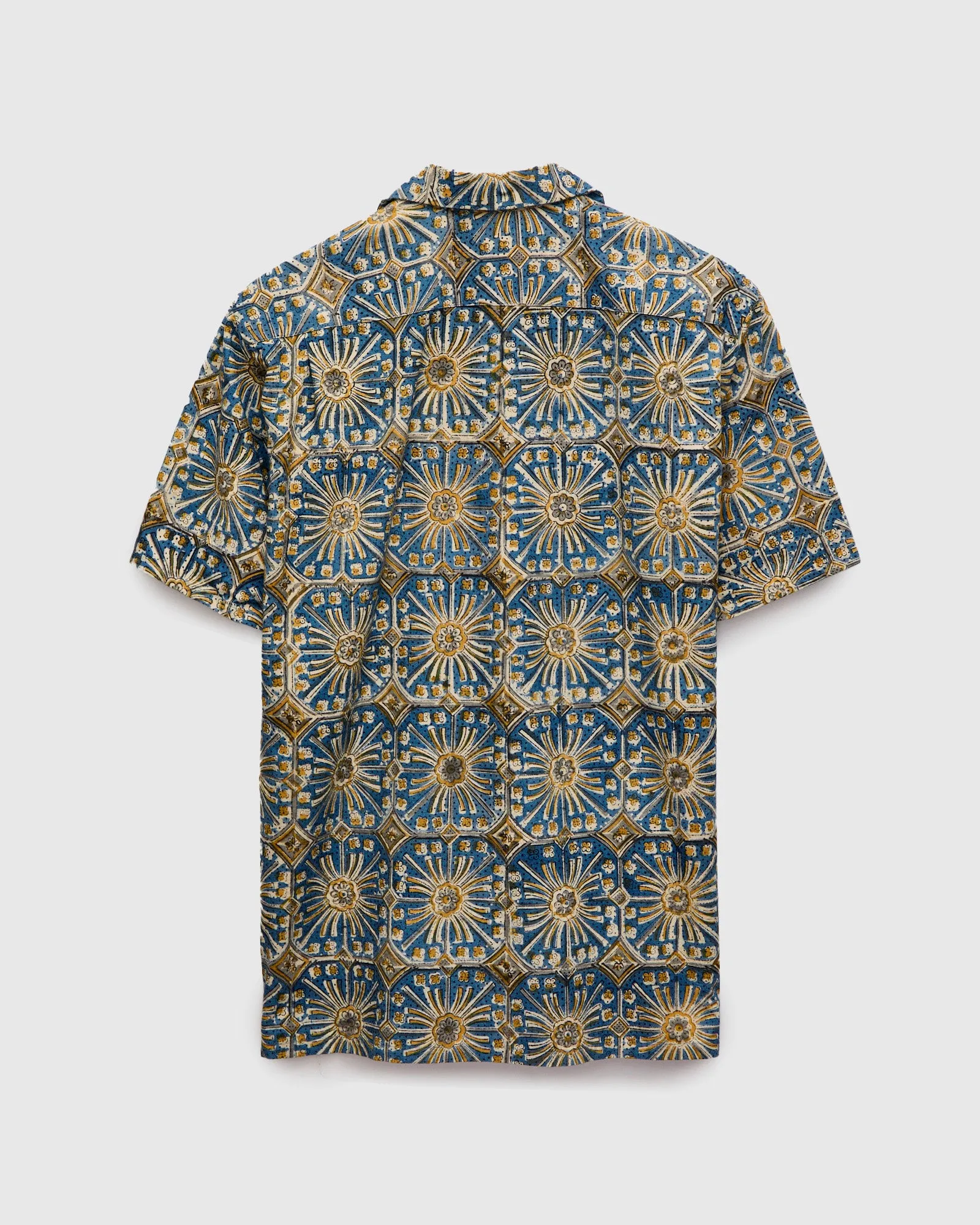 Floral Stamp Block Print Open Collar Shirt in Yellow