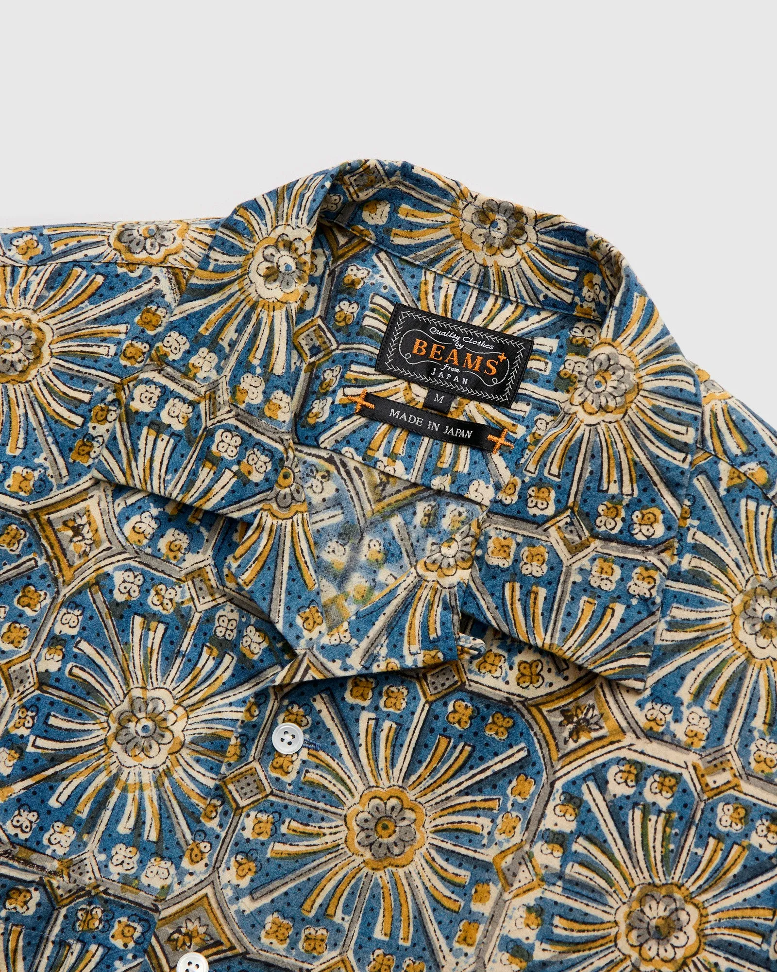 Floral Stamp Block Print Open Collar Shirt in Yellow