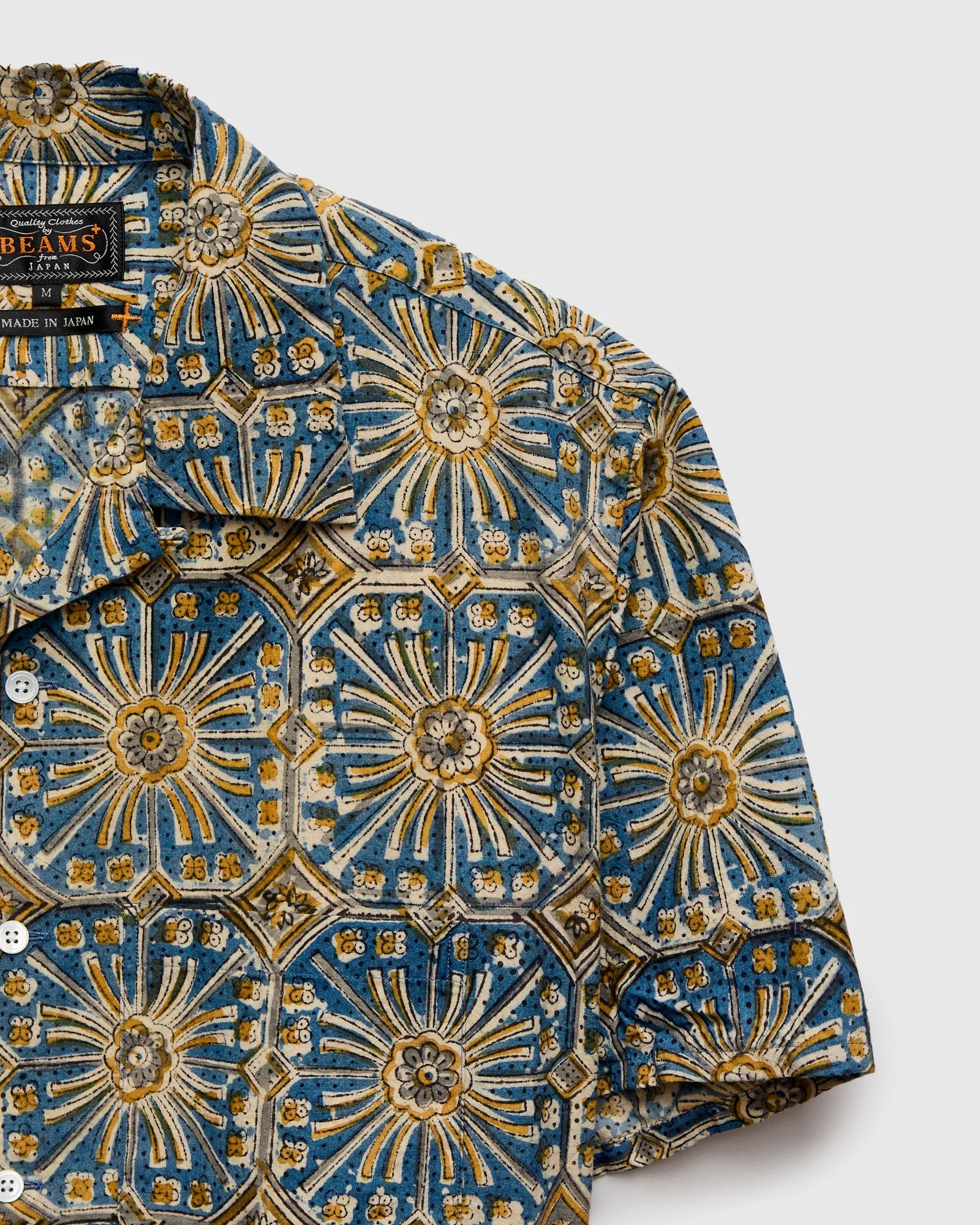 Floral Stamp Block Print Open Collar Shirt in Yellow
