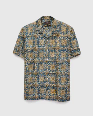 Floral Stamp Block Print Open Collar Shirt in Yellow