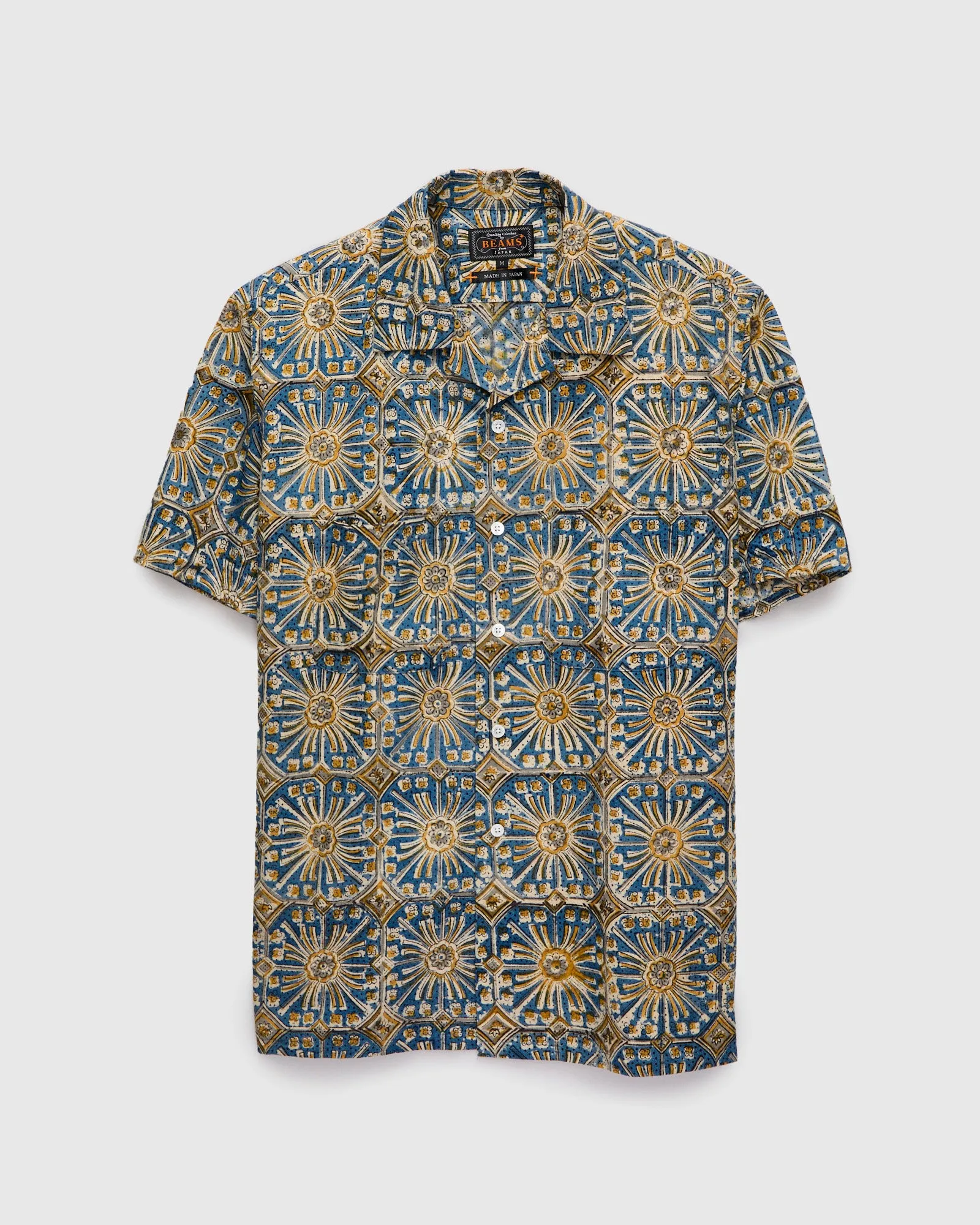 Floral Stamp Block Print Open Collar Shirt in Yellow