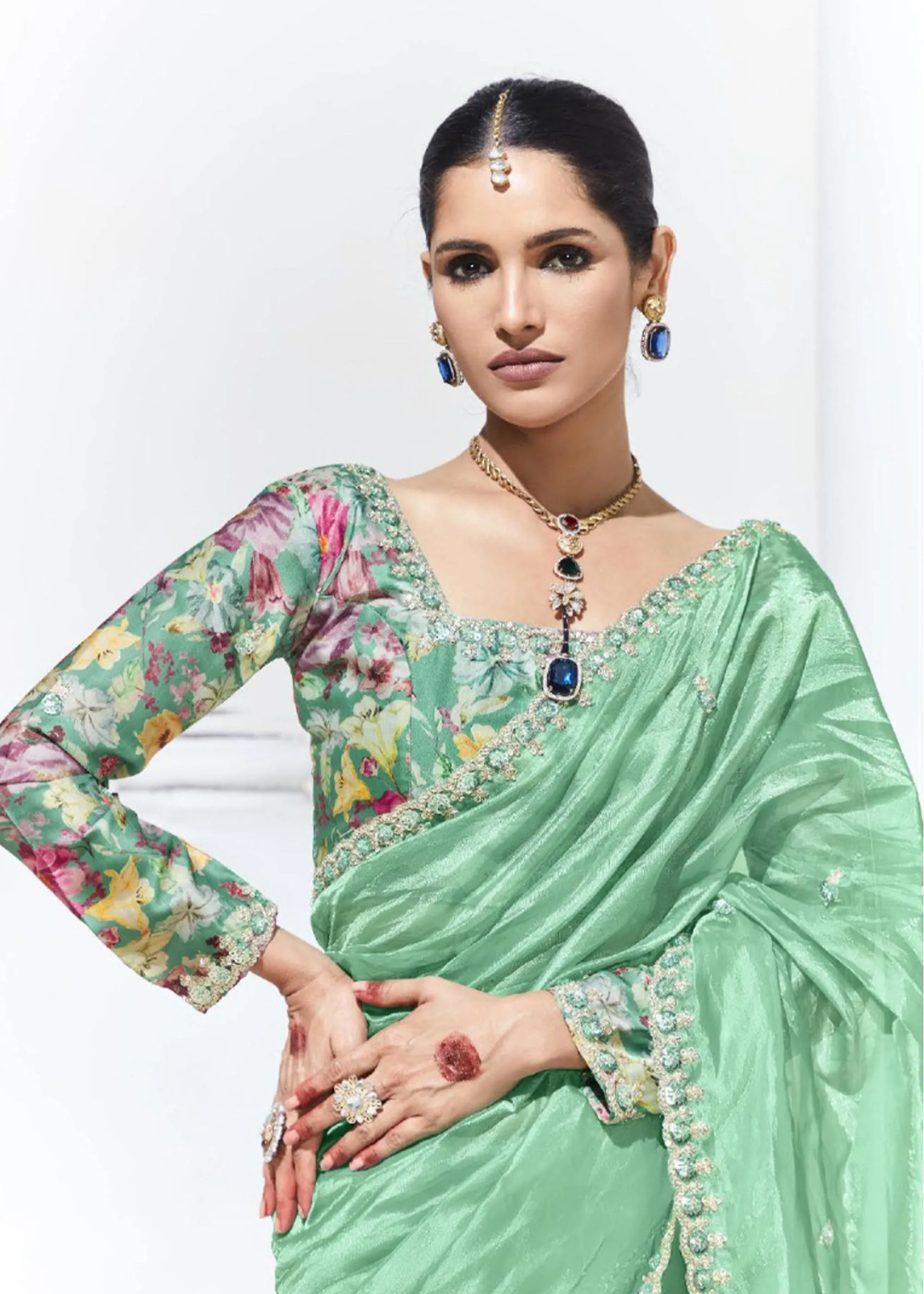 Florida Green Designer Organza Tissue Silk Saree With Printed Blouse