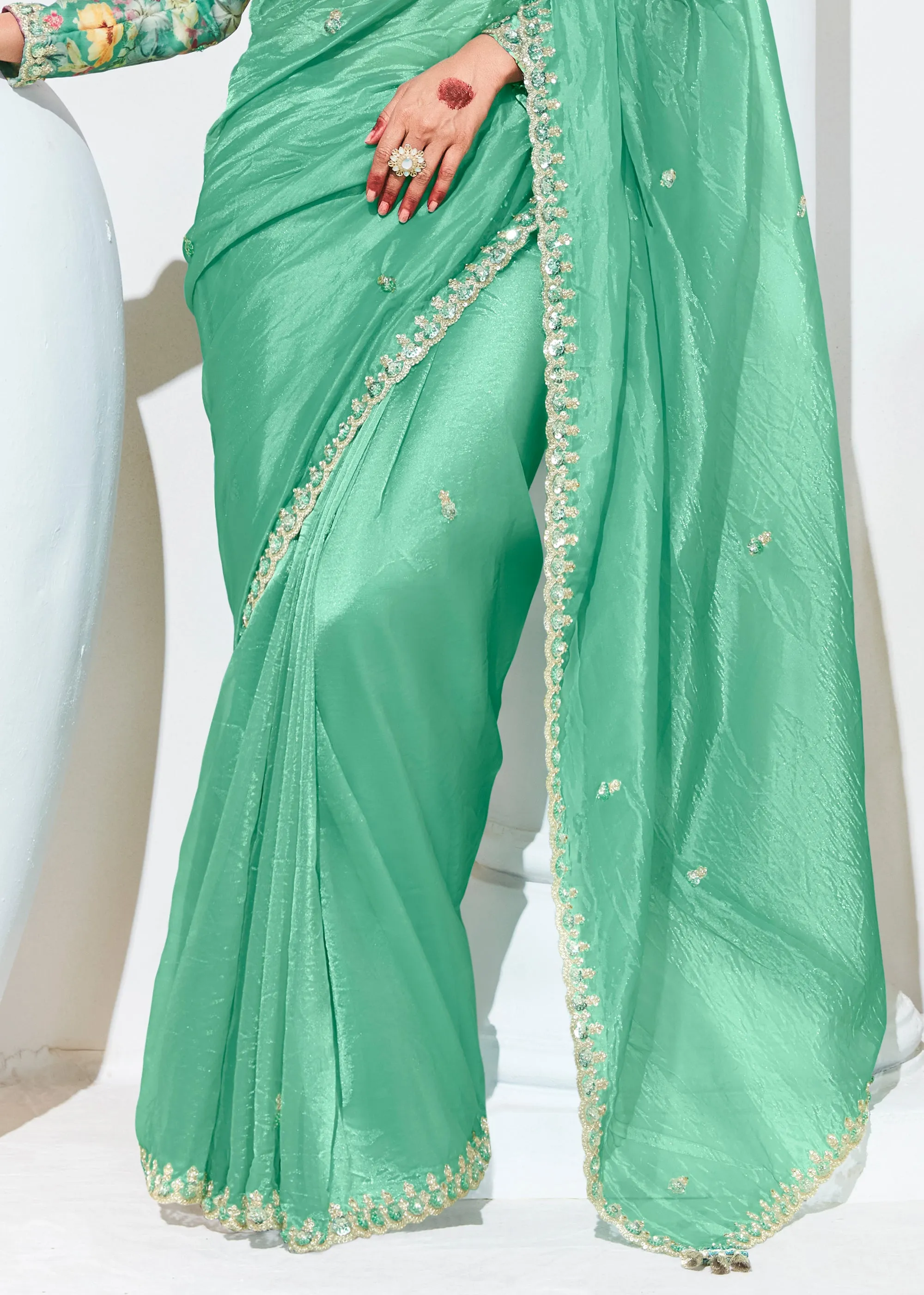 Florida Green Designer Organza Tissue Silk Saree With Printed Blouse
