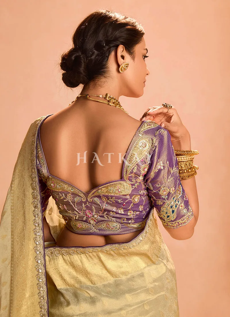 Golden Yellow And Purple Embroidery Saree