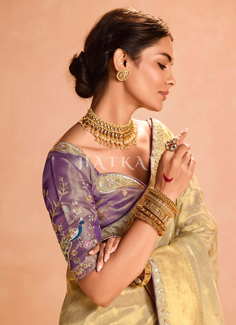 Golden Yellow And Purple Embroidery Saree