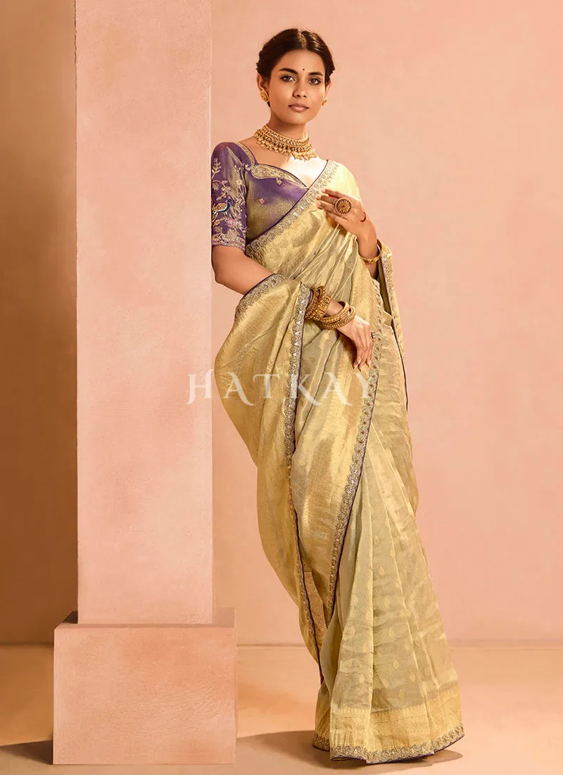 Golden Yellow And Purple Embroidery Saree