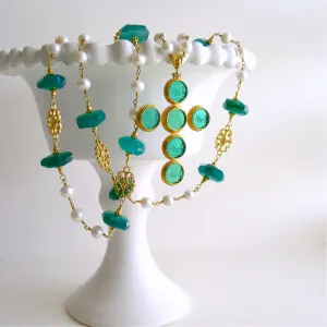 Green Onyx Cultured Pearls Venetian Glass Intaglio Cross Pendant Layering Necklace - Maura Necklace