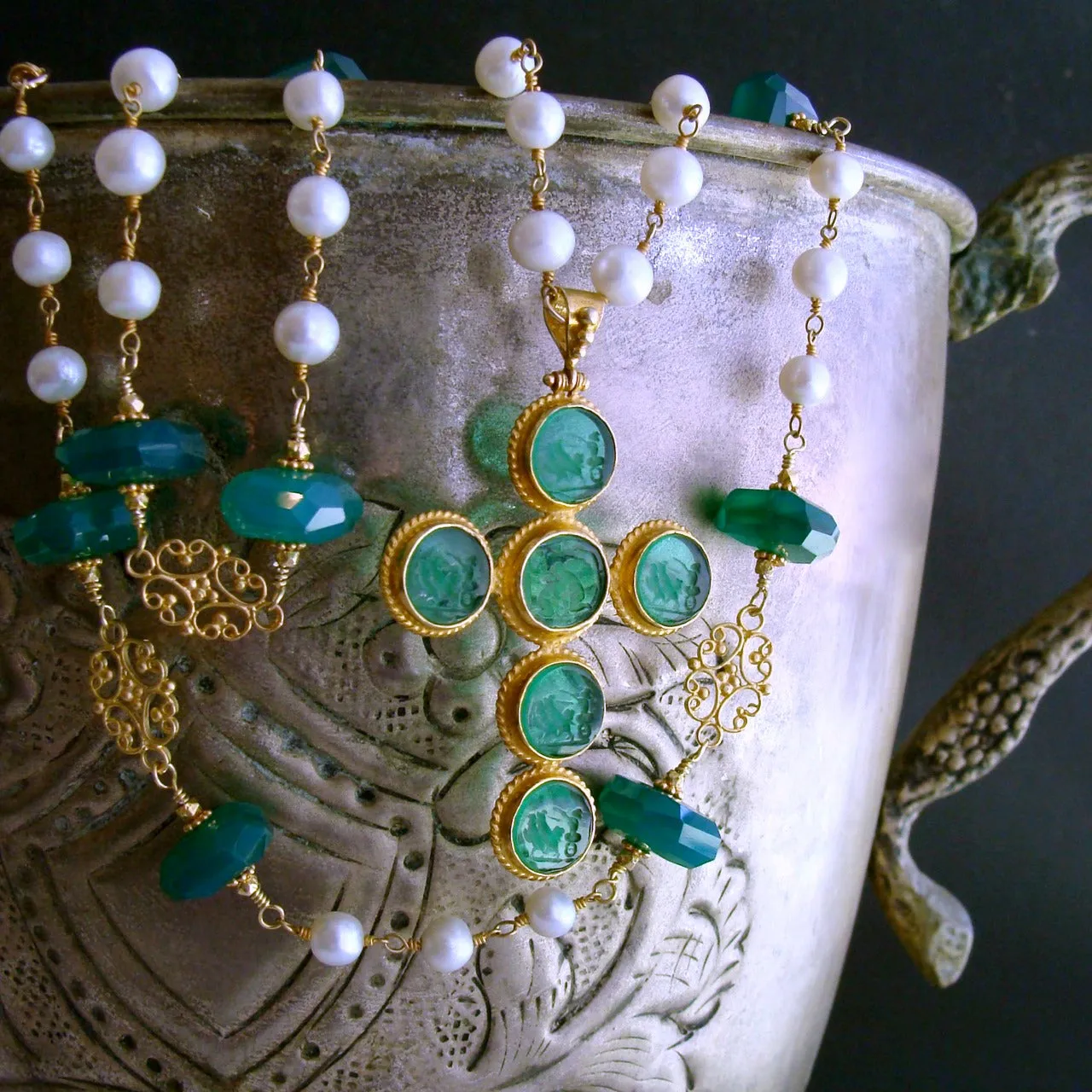 Green Onyx Cultured Pearls Venetian Glass Intaglio Cross Pendant Layering Necklace - Maura Necklace