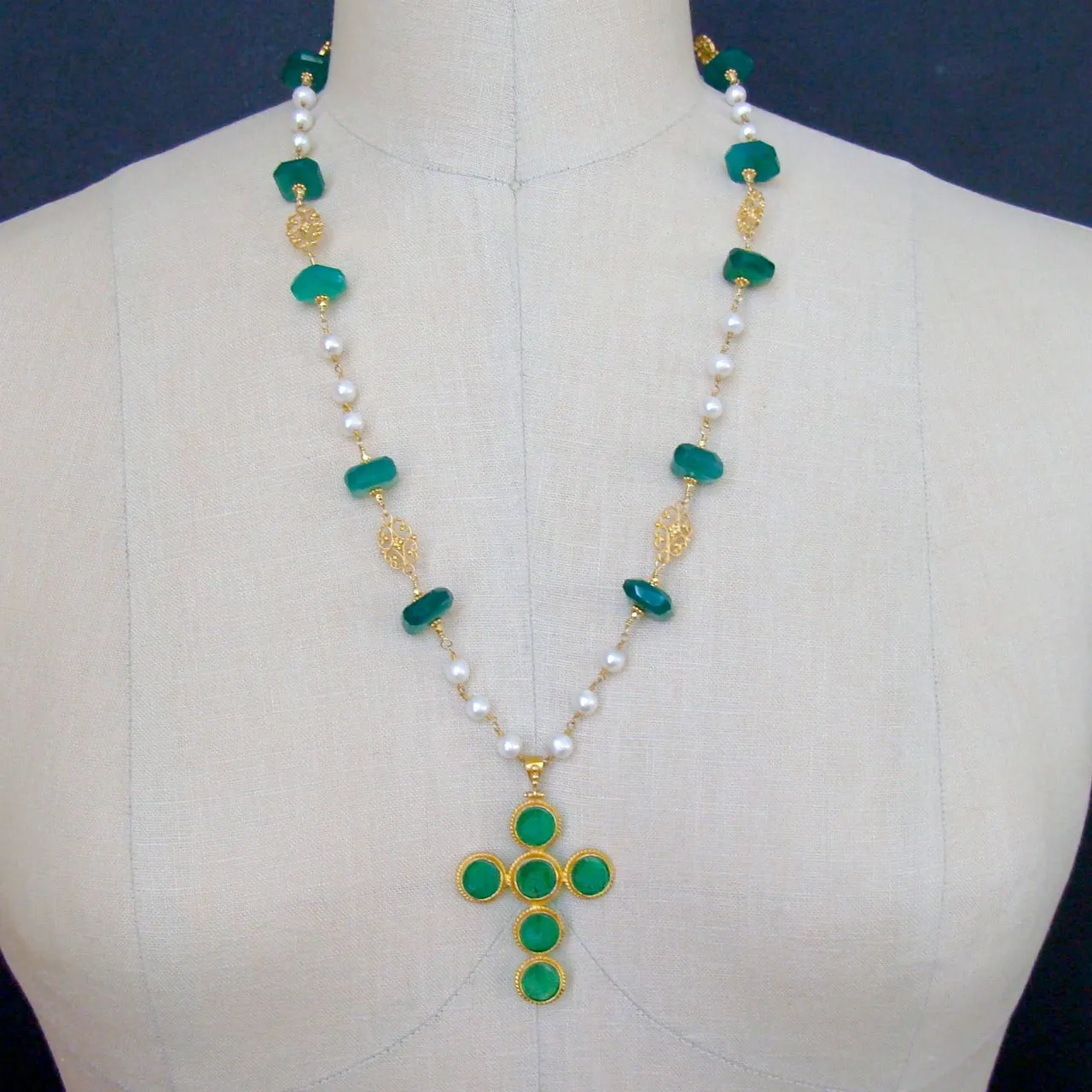Green Onyx Cultured Pearls Venetian Glass Intaglio Cross Pendant Layering Necklace - Maura Necklace