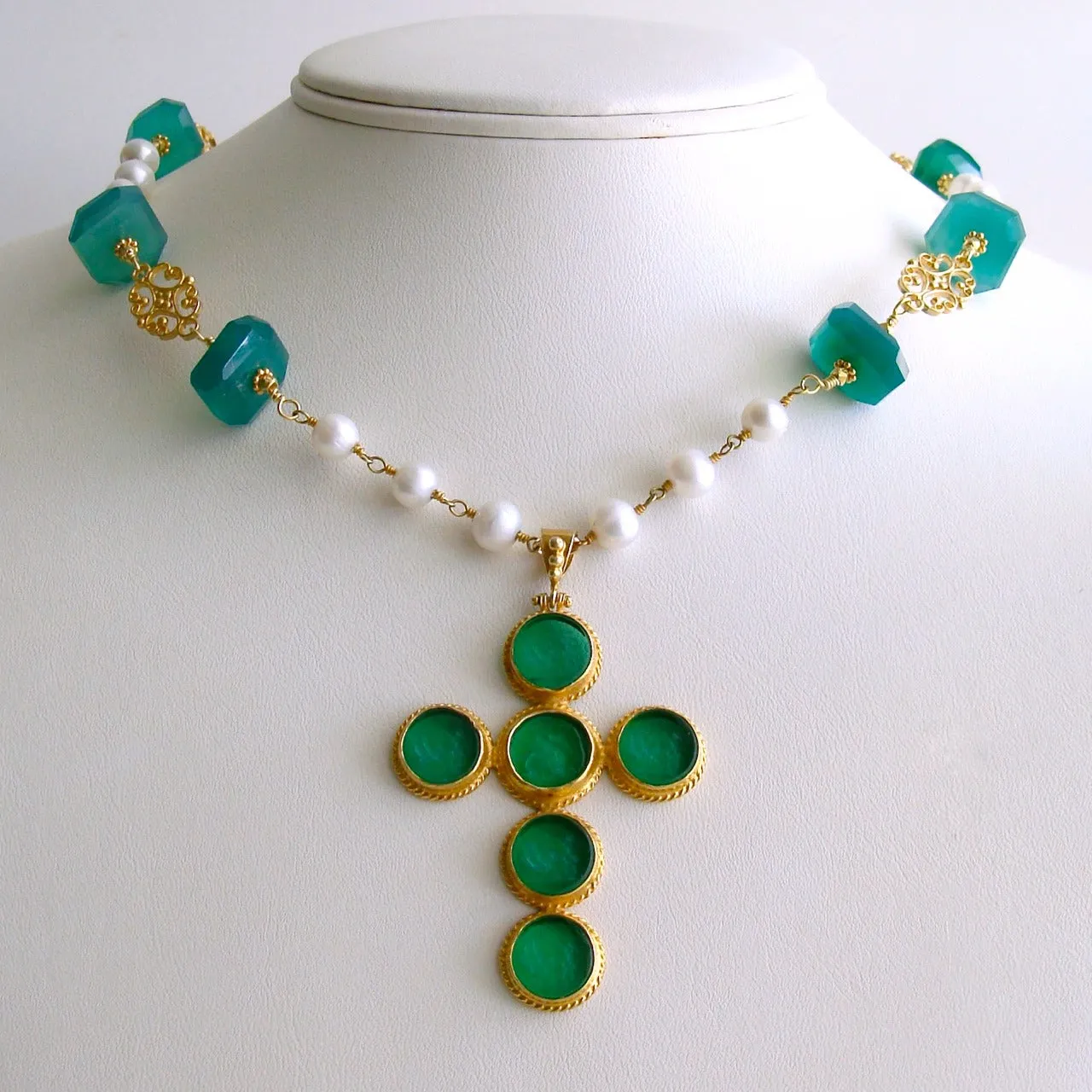 Green Onyx Cultured Pearls Venetian Glass Intaglio Cross Pendant Layering Necklace - Maura Necklace