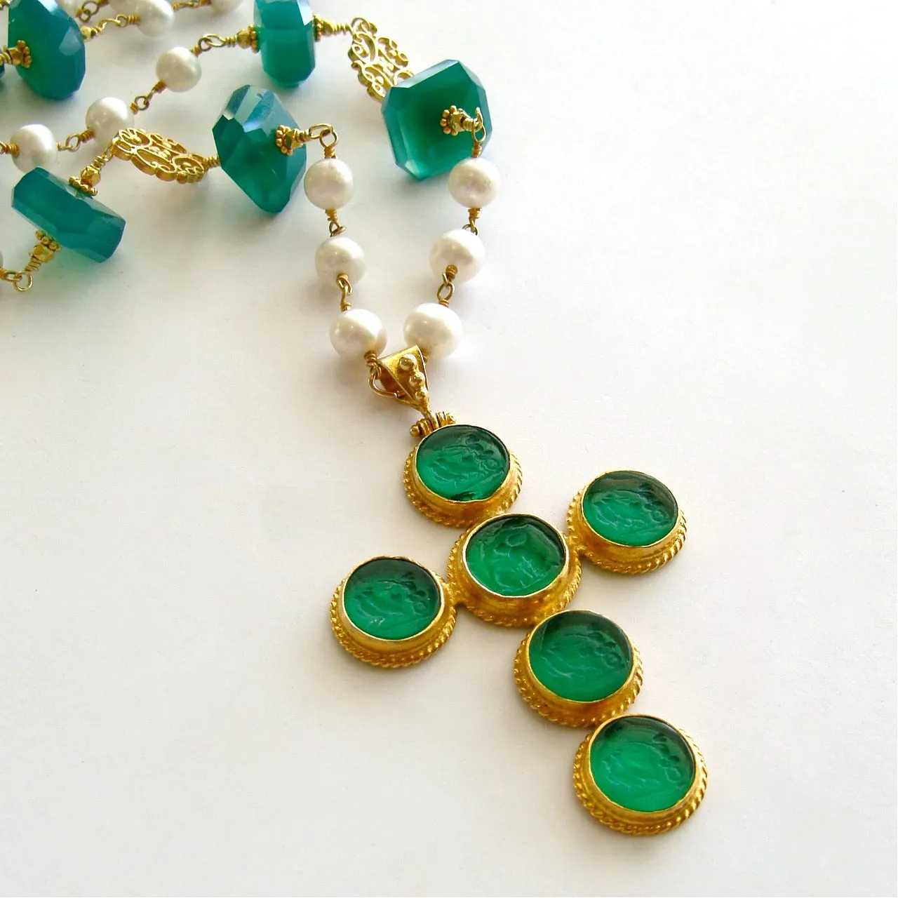 Green Onyx Cultured Pearls Venetian Glass Intaglio Cross Pendant Layering Necklace - Maura Necklace