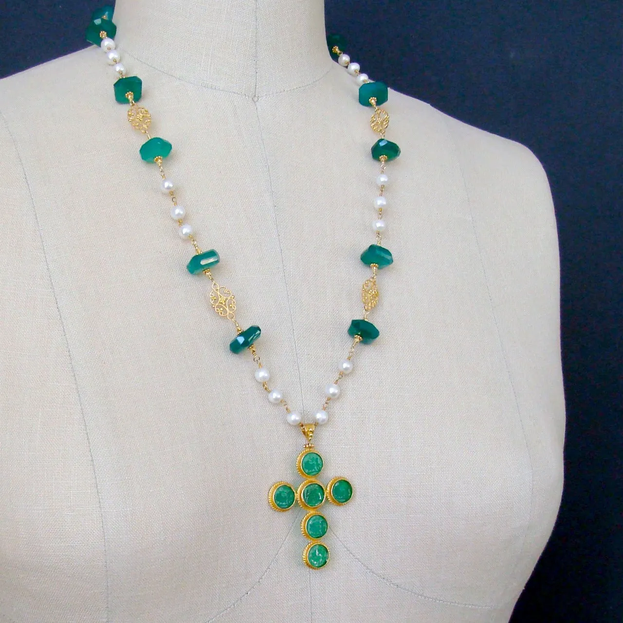 Green Onyx Cultured Pearls Venetian Glass Intaglio Cross Pendant Layering Necklace - Maura Necklace