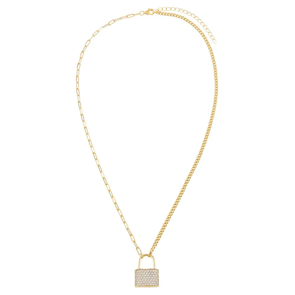 Half Pavé Mixed Chain Lock Necklace