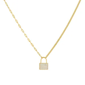 Half Pavé Mixed Chain Lock Necklace