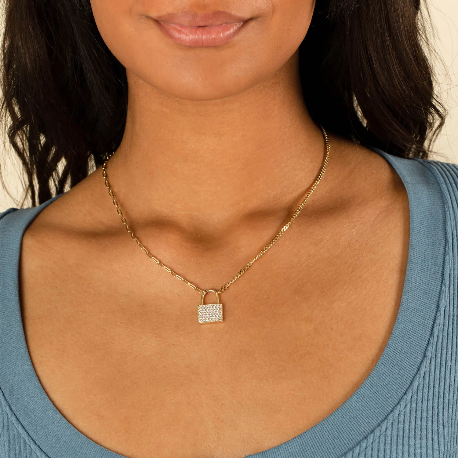 Half Pavé Mixed Chain Lock Necklace