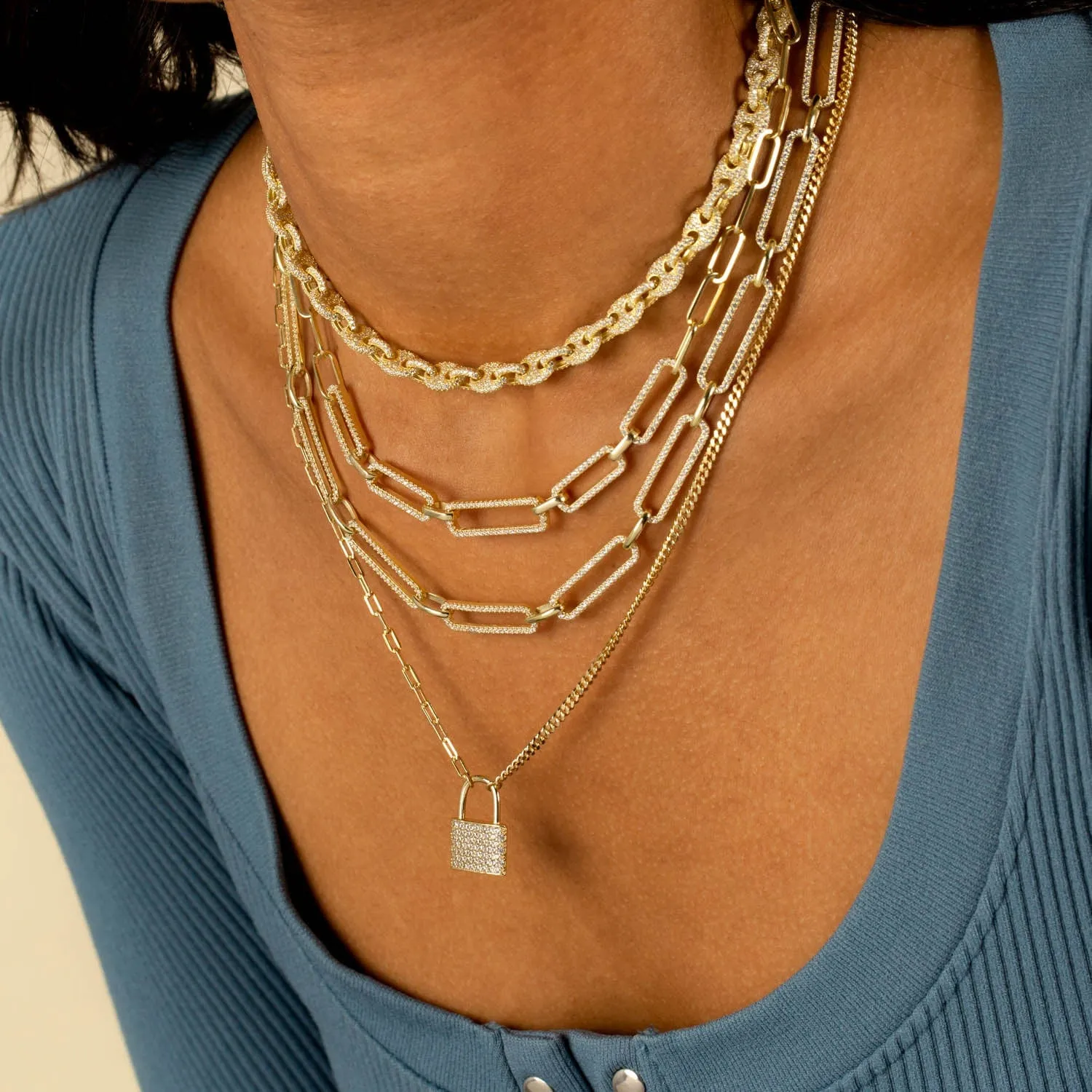 Half Pavé Mixed Chain Lock Necklace