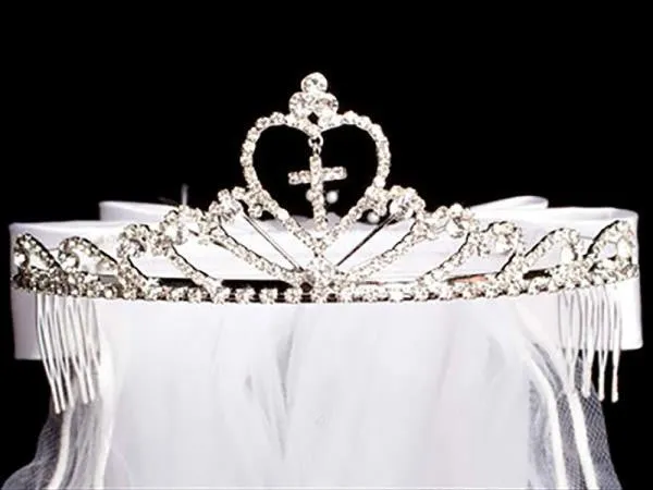 Heart Tiara with Rhinestone Cross and White Veil T-82