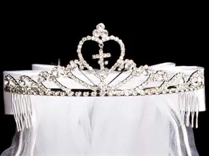 Heart Tiara with Rhinestone Cross and White Veil T-82