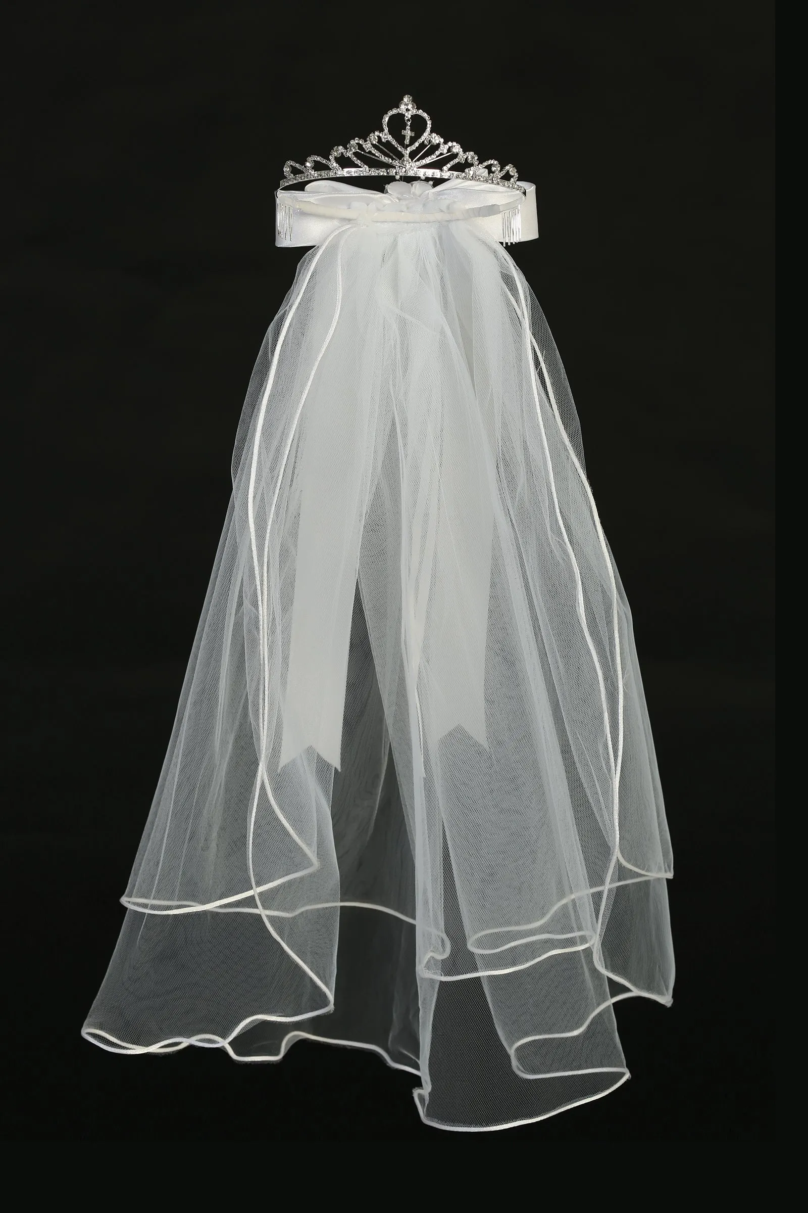 Heart Tiara with Rhinestone Cross and White Veil T-82
