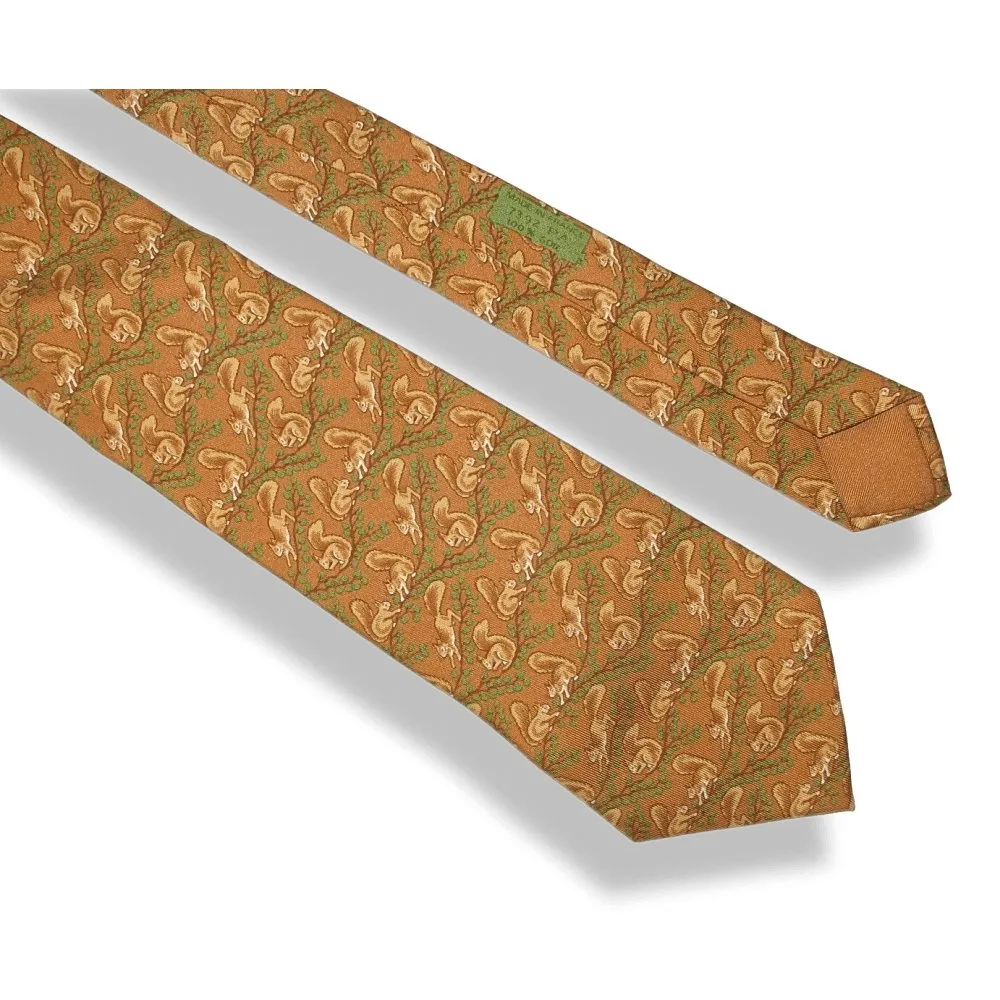 Hermes Caramel Green Squirrrels Silk Tie 7392 PA Mint!