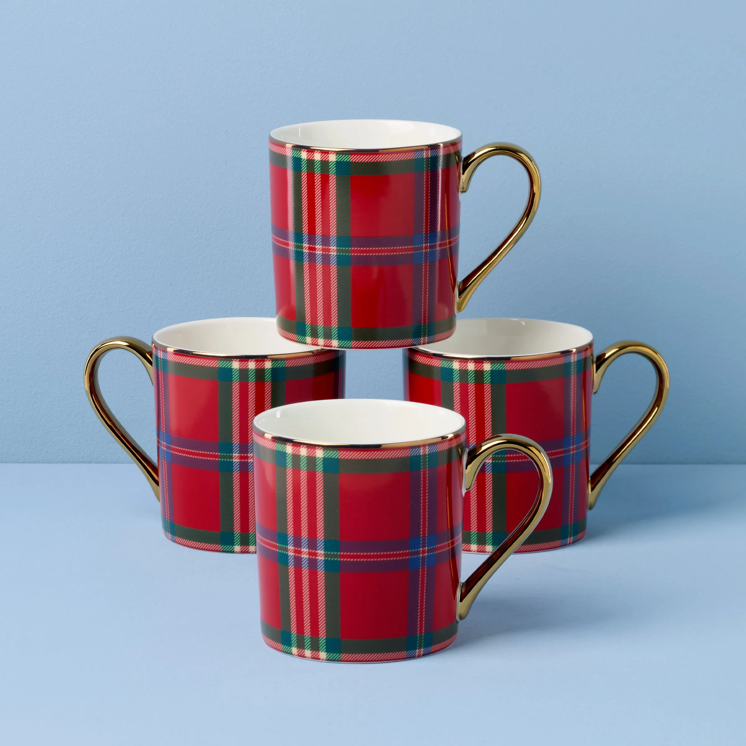 Holiday Red Tartan Mugs, Set of 4