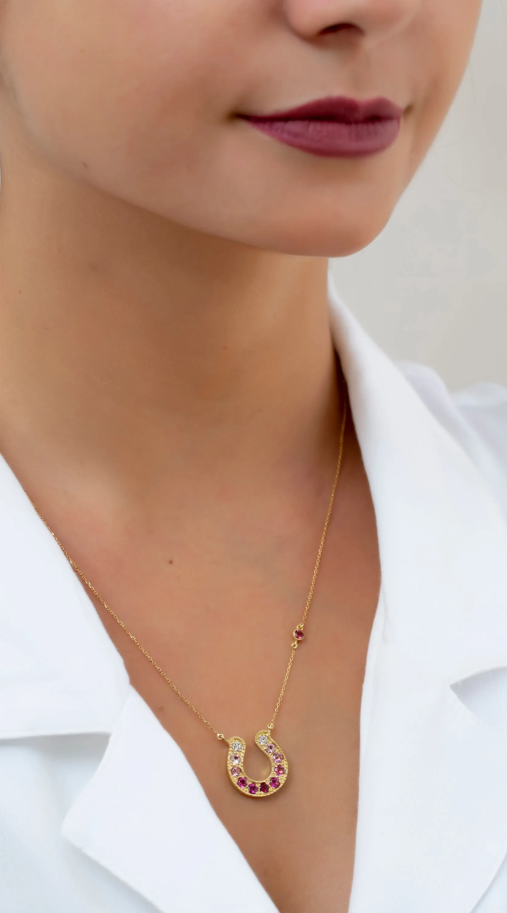 Horseshoe Necklace with Pink Tourmaline and Diamond Ombre