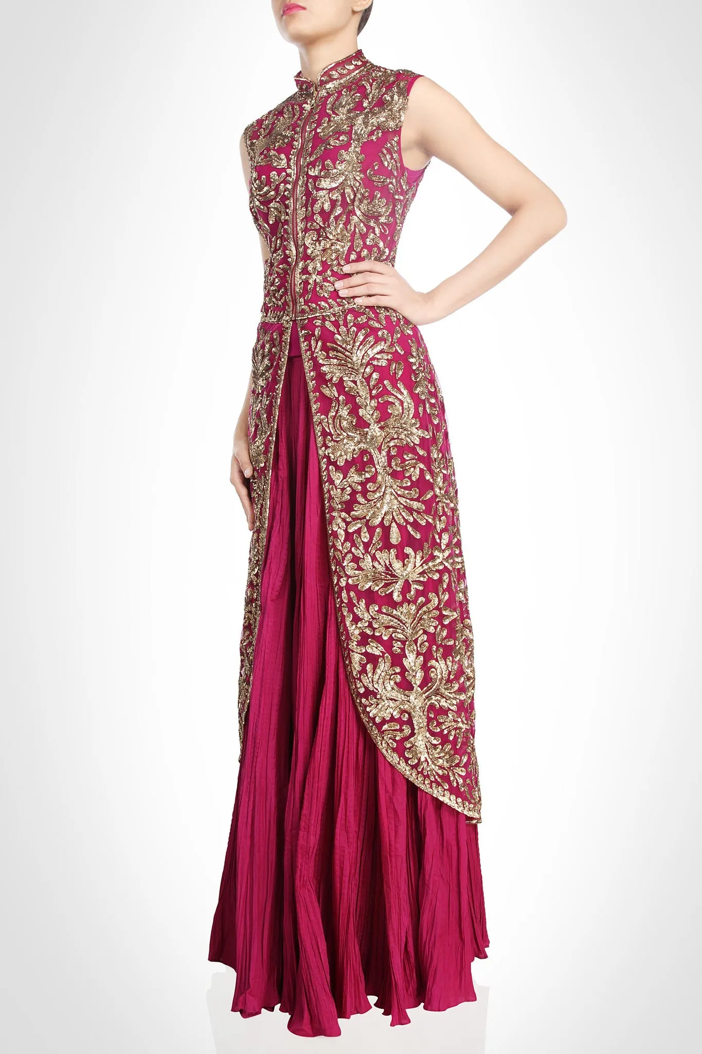 Hot Pink Color Long Jacket Lehenga Set