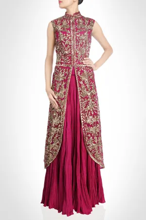 Hot Pink Color Long Jacket Lehenga Set