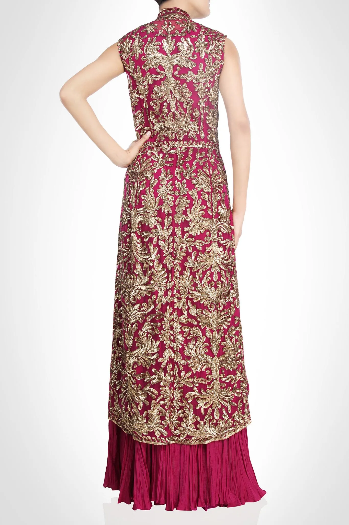 Hot Pink Color Long Jacket Lehenga Set