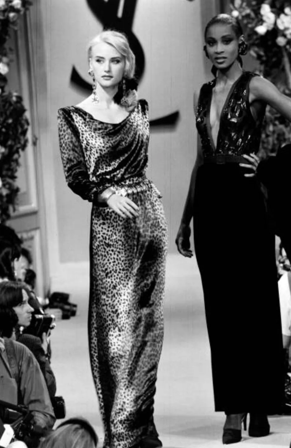 Important Spring 1993 Yves Saint Laurent Runway Draped Neckline Panne Velvet Leopard Print Dress