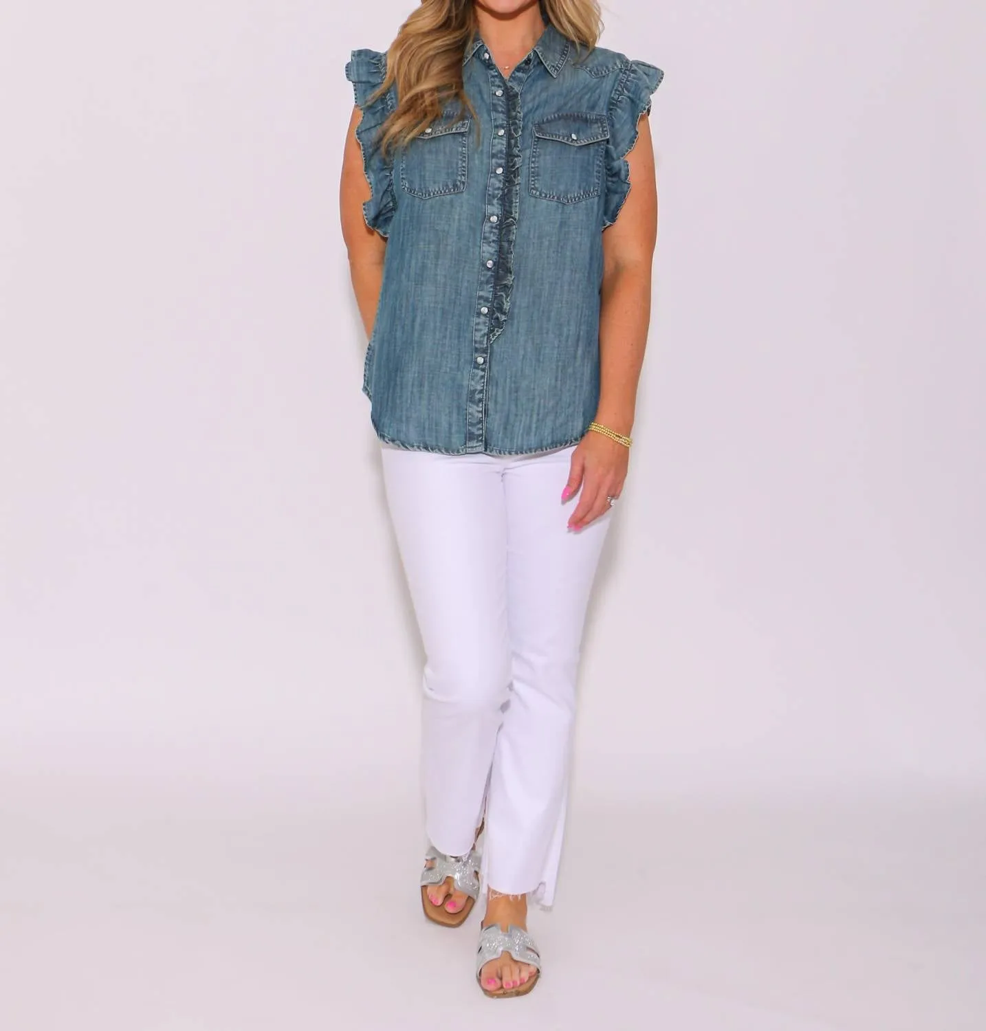 Indi Ruffle Sleeves Top In Indigo