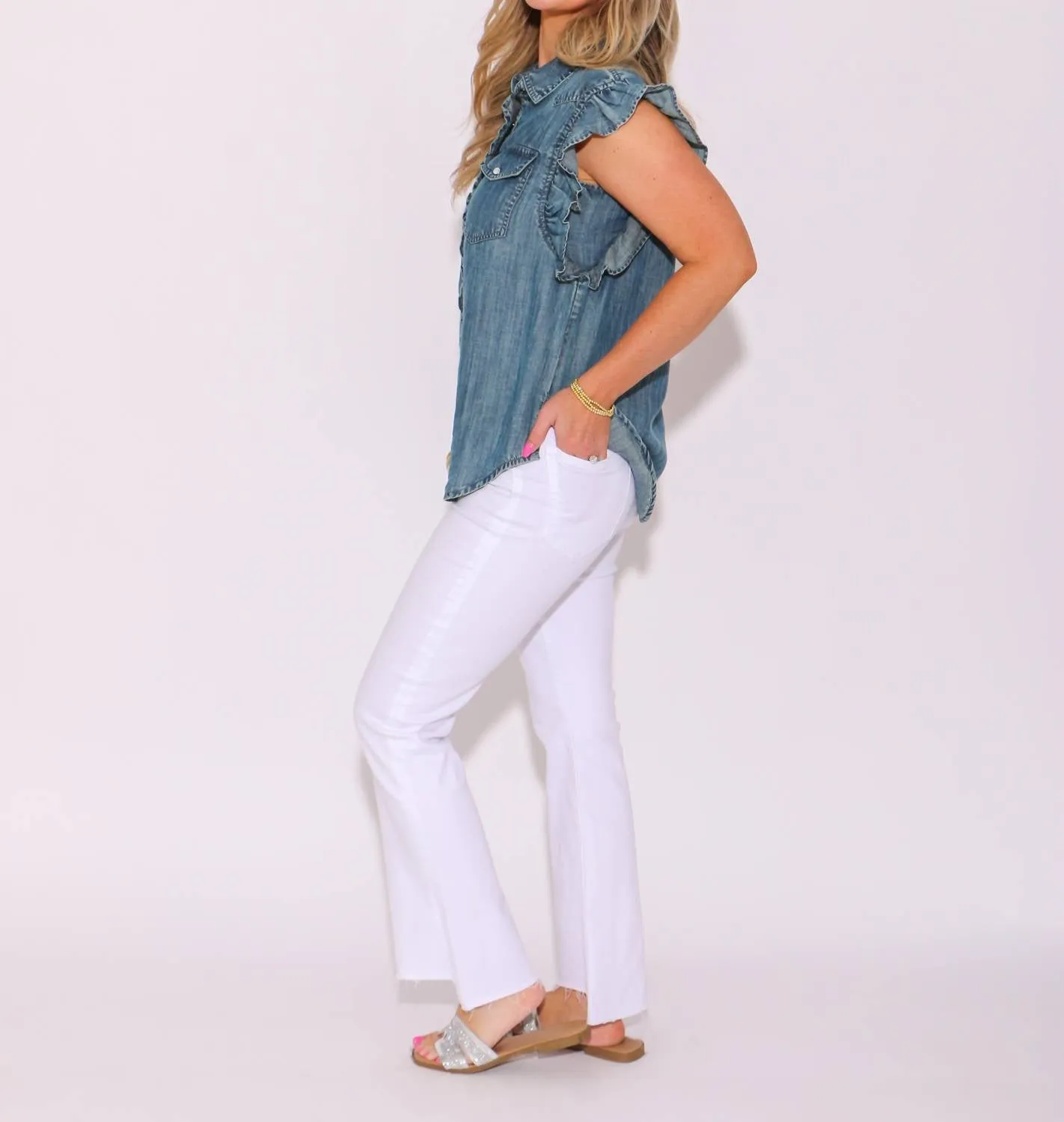 Indi Ruffle Sleeves Top In Indigo