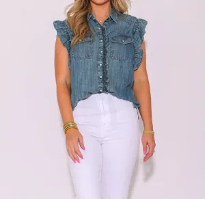 Indi Ruffle Sleeves Top In Indigo