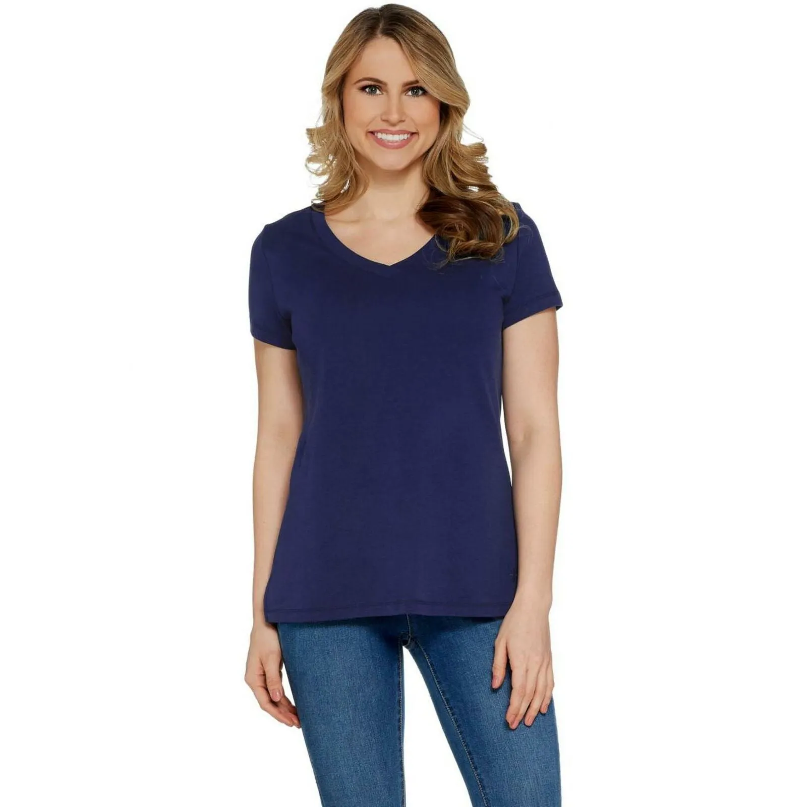 Isaac Mizrahi Live! Essentials Women's Pima V Neck T-Shirt Royal Navy Small